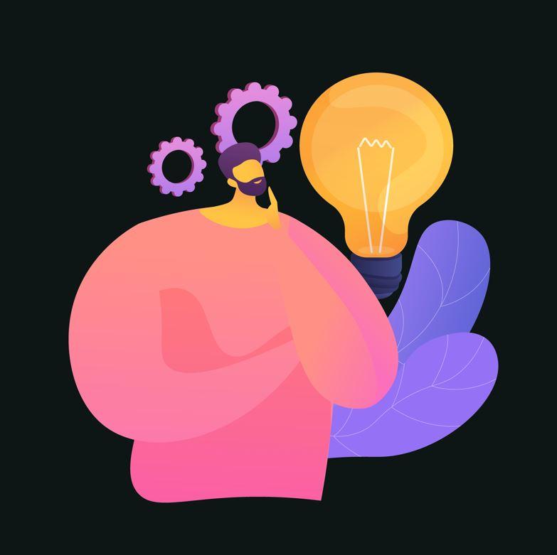 Ilustration of man thinking with bulb in background and gears